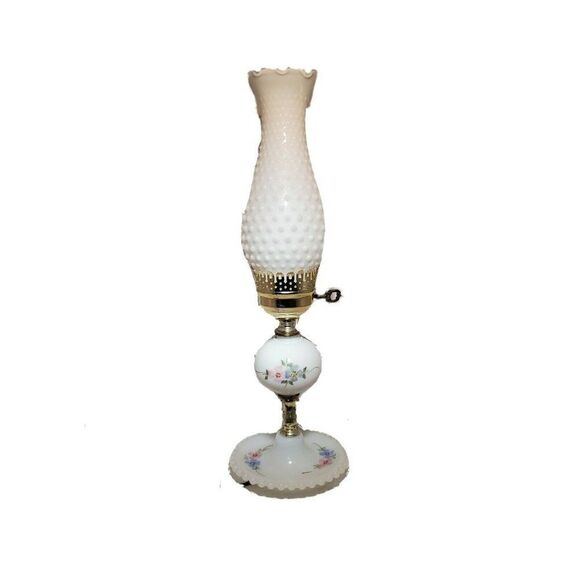 VTG WHITE UNDERWRITERS LABORATORY HOBNAIL MILK GLASS TABLE LAMP 19" FLORAL WORKS - Picture 1 of 9